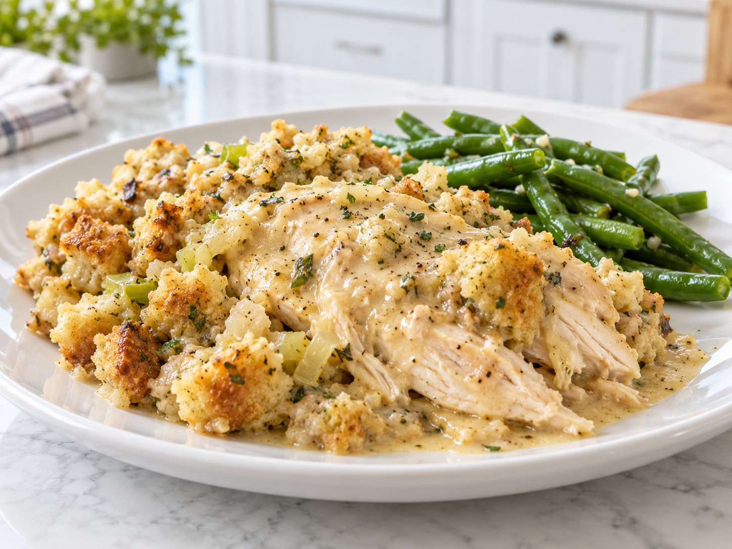 Crockpot Chicken and Stuffing on a white plate