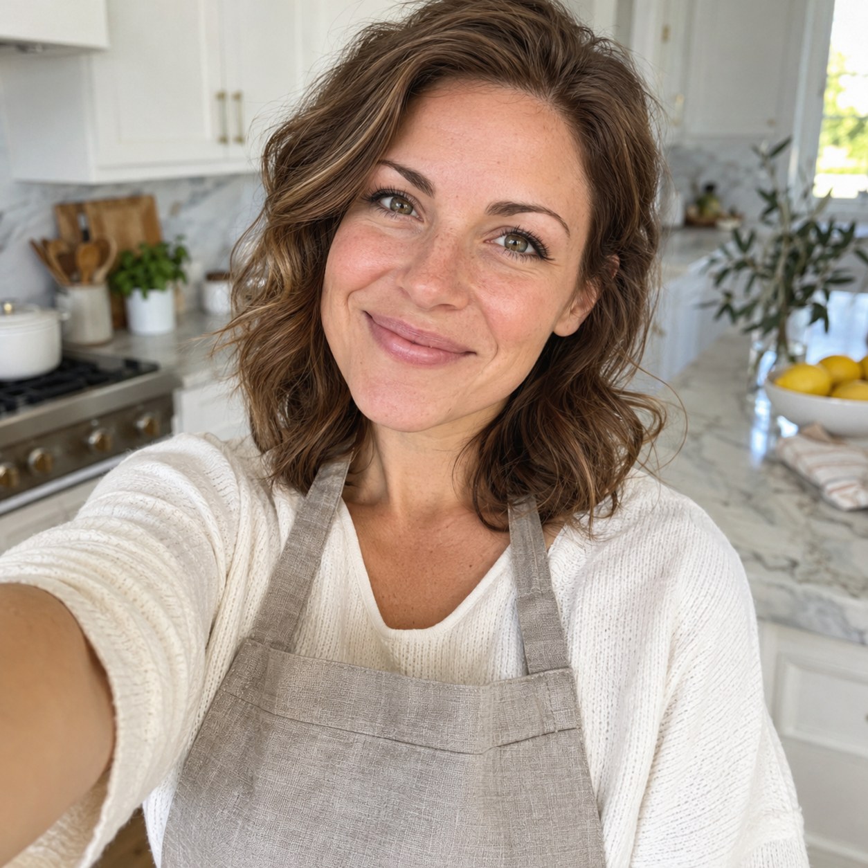 AI-generated selfie portrait representing chef Sara Taylor in a bright home kitchen